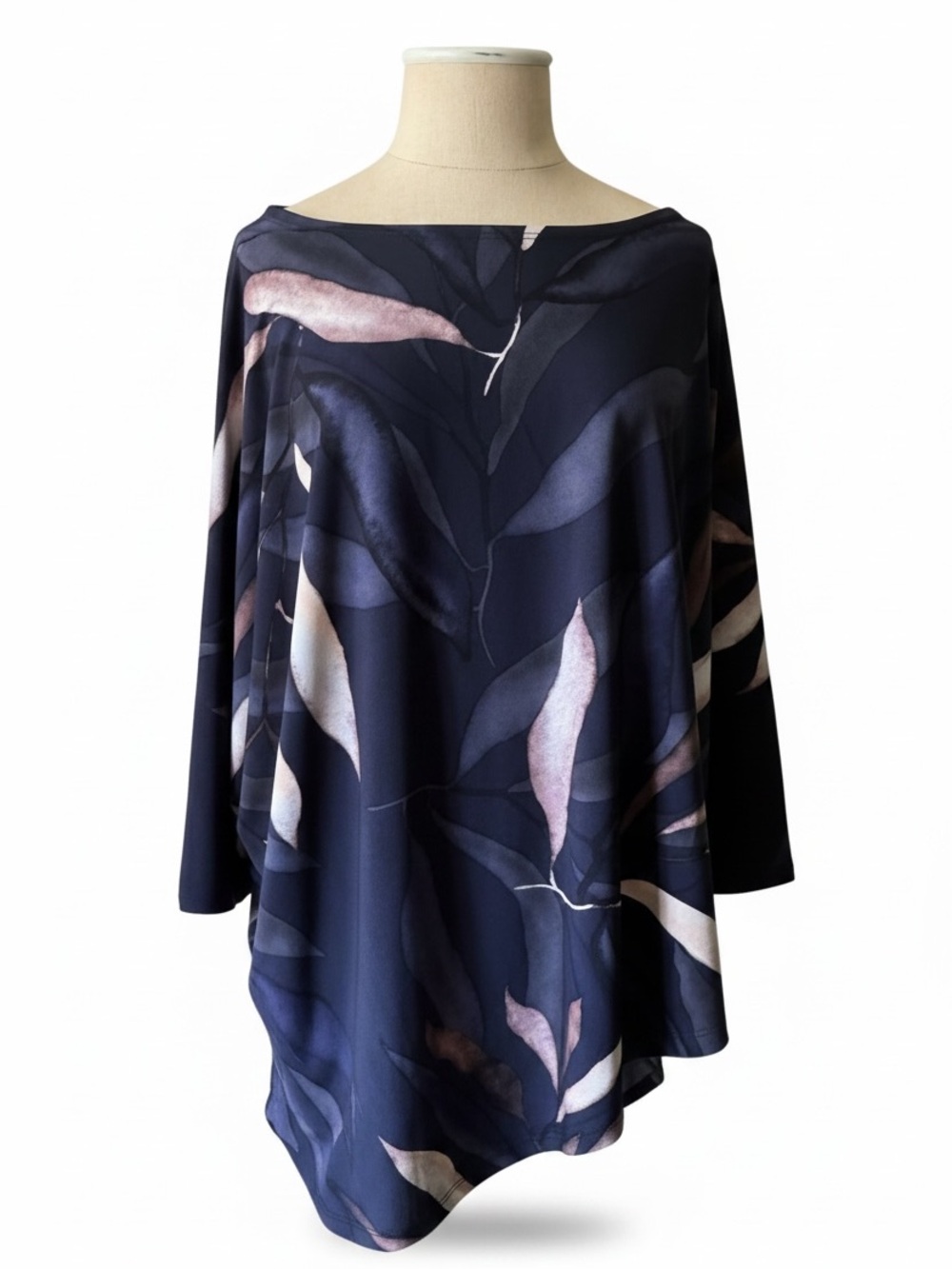 CLARA SUNWOO Navy Leaf-Print Boatneck Asymmetrical Tunic Top sz XL